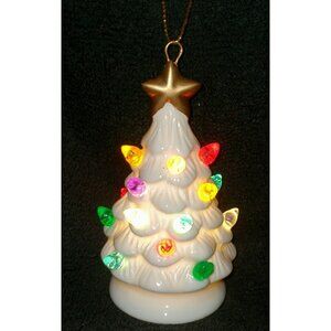 New Mini Christmas Tree Ornament Bulbs Light Up White Ceramic Snow Holiday Decor